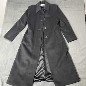 Fleurette Cashmere Wool Long Coat Women Black Size 6 Button Up Pockets Elegant